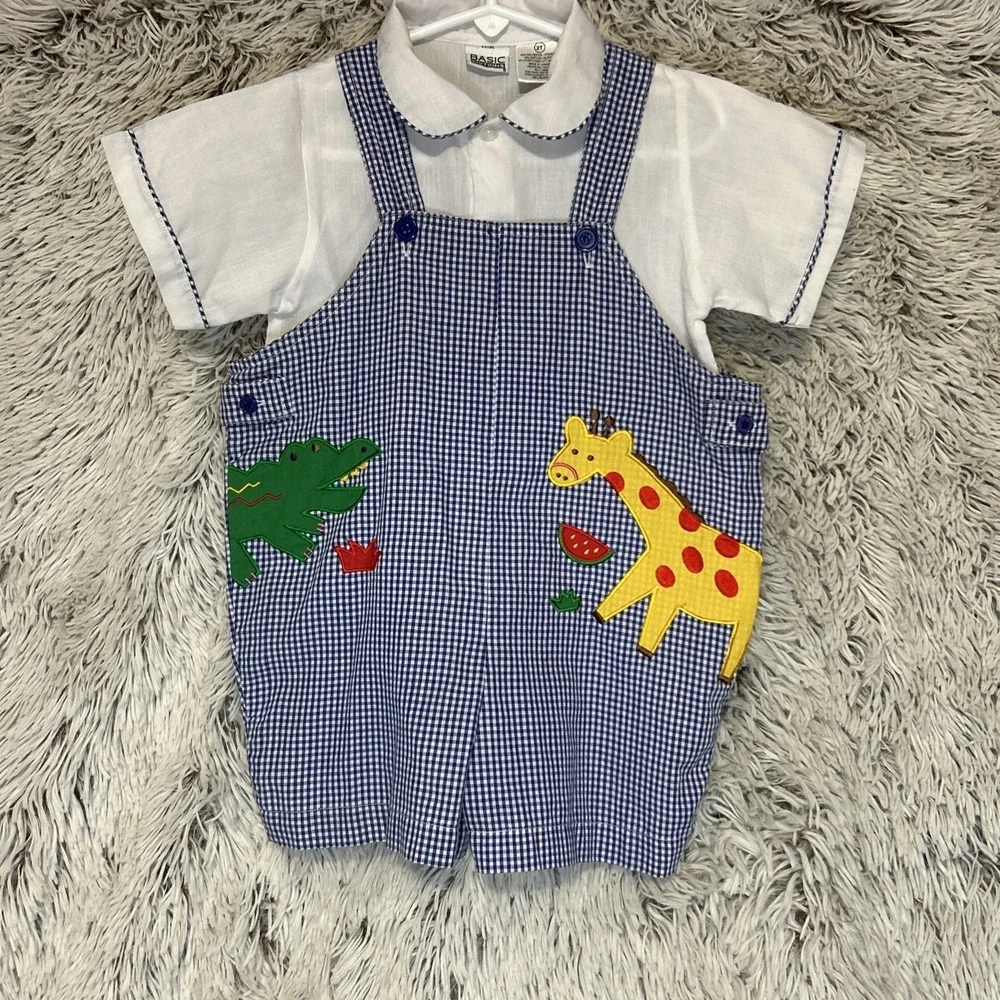 Vintage Navy White Gingham Plaid Alligator Giraffe Watermelon 2 Piece‎ Outfit